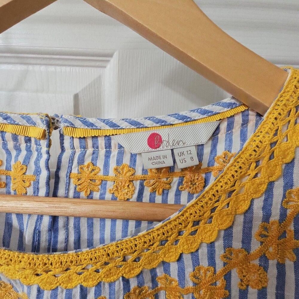 Boden Blue & White Striped Short Sleeve Top with Yellow Embroidery and Lace Trim - Picture 2 of 6